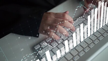 A close-up of hands typing on a keyboard, overlaid with graphical financial data and currency symbols, illustrating the connection between technology and business growth. Copula - Powered by Adobe