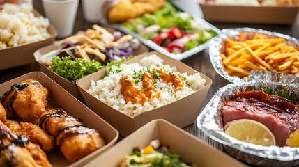 Variety of food in take away boxes on table
