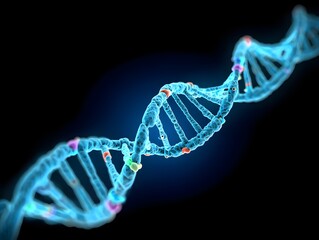 A stylized dna strand on a dark background representing genetics and molecular biology