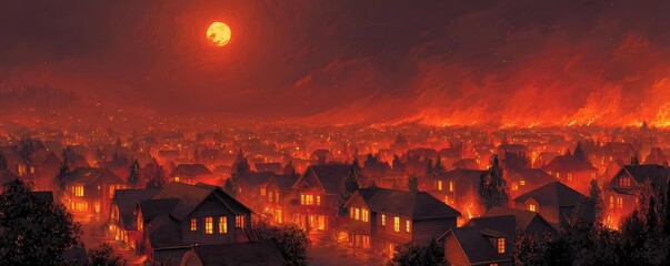 Nighttime neighborhood consumed by raging wildfire concept. Dramatic landscape of a town engulfed in flames under a red sky.