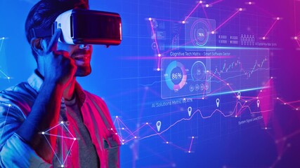 A young man engages with a virtual reality headset as he explores a vibrant digital interface filled with analytics and graphs, showcasing a high-tech environment. Raster - Powered by Adobe
