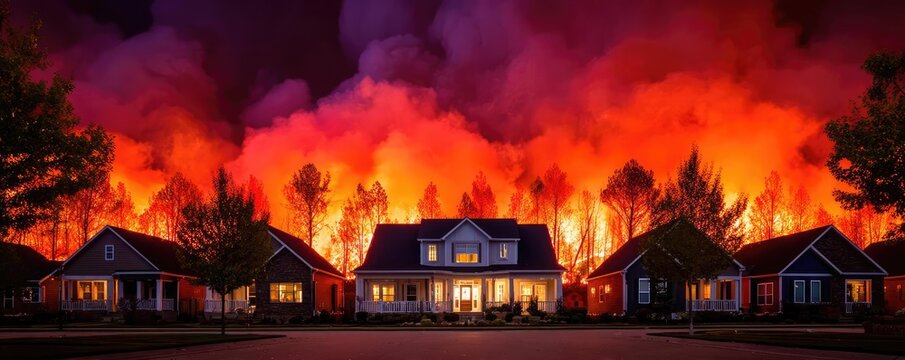 Nighttime neighborhood consumed by raging wildfire concept. A neighborhood threatened by a devastating wildfire at dusk.