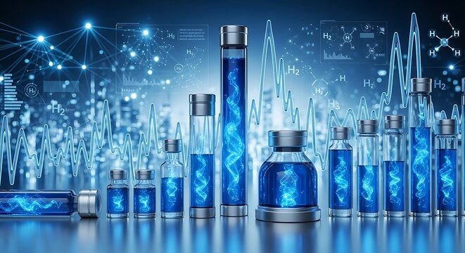 Futuristic Medical Research - Blue Liquid Vials with DNA Strands.