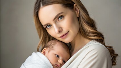 A mother holds her newborn baby close, radiating warmth and tenderness in a soft, intimate setting.