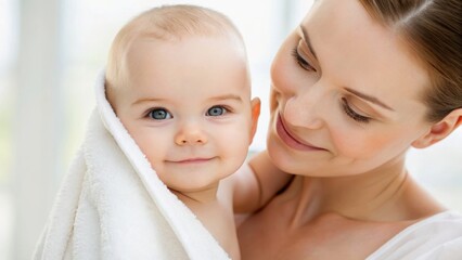 A joyful mother gazes at her smiling baby wrapped in a towel, conveying warmth and affection in a bright, serene setting.
