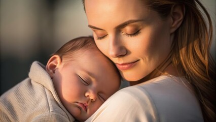 A mother lovingly cradles her sleeping baby, showcasing a tender moment of connection and warmth.