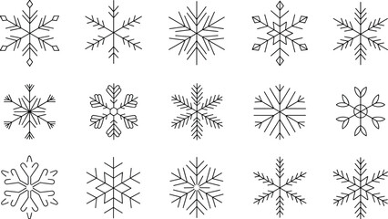 Set of 15 delicate line art snowflakes in black and white Keywords: snowflake, snow, winter, ice