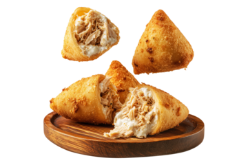 Crispy Brazil coxinha snack filled with shredded chicken croquettes and creamy cheese on wooden plate, isolated on white transparent background, concept of South American Cuisine