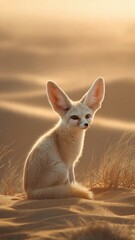 Fototapeta premium Fennec Fox Sitting in Desert Sand, Golden Hour Light