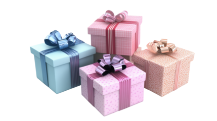 Four gift boxes with ribbons isolated on a transparent background