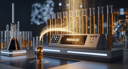 Futuristic laboratory setup with test tubes and advanced equipment.