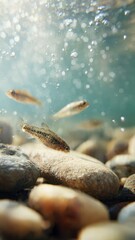 Obraz premium Small Fish Swimming Near Riverbed Rocks in Clear Fresh Water