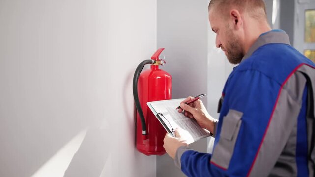 Man Doing Fire Extinguisher Safety Check