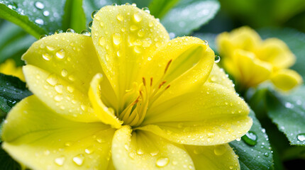 Close-up of a vibrant yellow flower with dew drops, sharp center details, and soft green background.