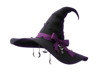 Sparkling Black Witch Hat With Purple Ribbon And Moon Charms Isolated On Transparent Background
