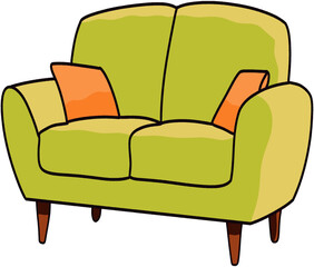 Modern Comfortable Two-Seater Green Sofa with Vibrant Orange Accent Pillows for Stylish and Cozy Living Room Decor