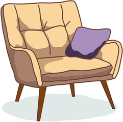 Cozy Beige Fabric Armchair with Soft Purple Accent Pillow, Perfect for Stylish and Comfortable Living Room Seating