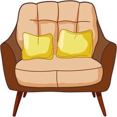 Spacious Beige and Brown Two-Seater Sofa with Soft Yellow Accent Pillows, Designed for Cozy and Stylish Living Room Comfort