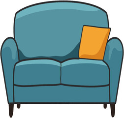 Modern Cozy Teal Two-Seater Sofa with Bright Orange Accent Pillow, Perfect for Stylish and Comfortable Living Room Interiors