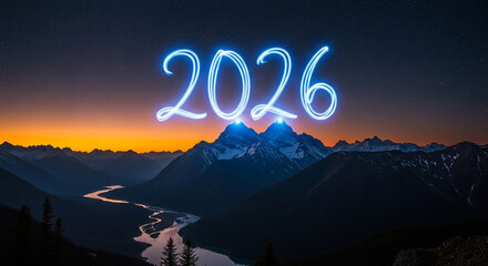 A stunning mountain landscape at night with the year 2026 illuminated in the sky, creating a magical and inspiring scene of nature and the future
