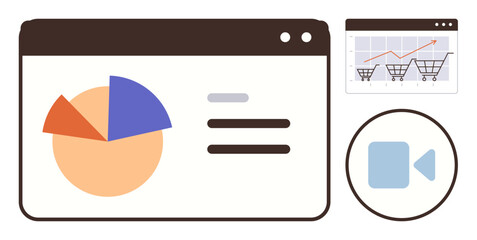 Data dashboard featuring pie chart, e-commerce graph, text details, and camera icon. Ideal for analytics, data management, online shopping, business insights, reports video content and simplicity