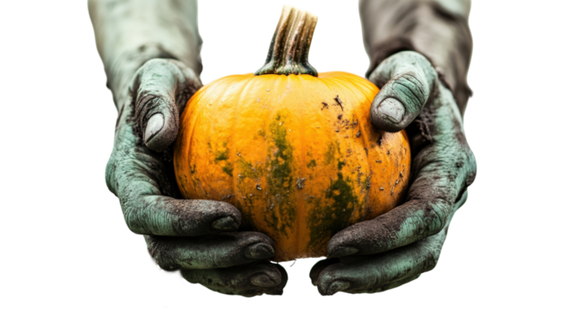 Green hands holding orange pumpkin isolated on a transparent background