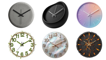 Collection of diverse wall clocks with modern and artistic designs