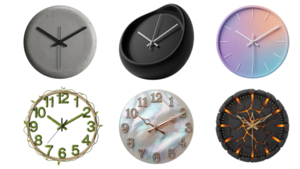 Collection of diverse wall clocks with modern and artistic designs