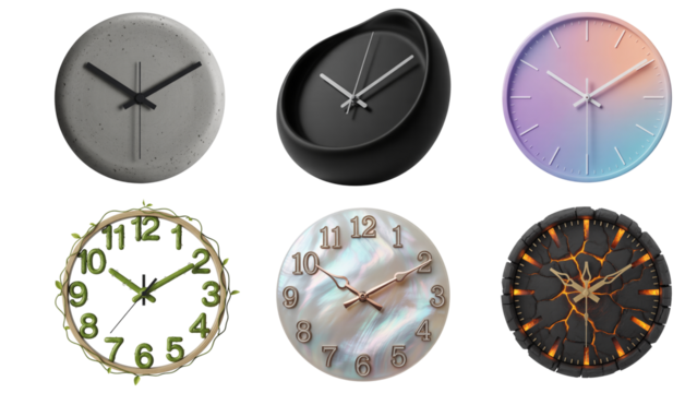 Collection of diverse wall clocks with modern and artistic designs