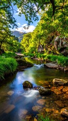 Obraz premium Serene River Flowing Through Lush Green Forest Landscape.