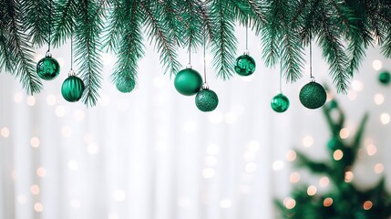 Close-up of green Christmas tree branches adorned with various sizes of green ornaments and garlands, with soft bokeh lights, against a clean white wall background. Holiday decoration concept.