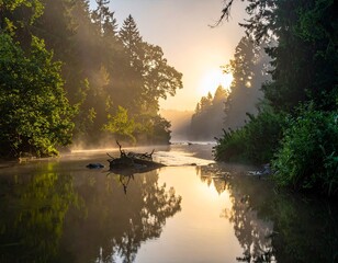 Obraz premium Serene River Scene at Sunrise with Fog and Reflections.