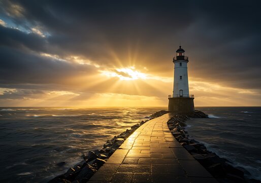 Lighthouse at sunset coastal beacon guiding ships across the sea