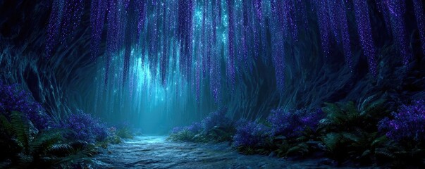 Magical forest cave with glowing vines concept. A serene forest pathway illuminated by soft, blue light.