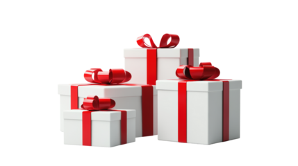 White gift boxes with red ribbon isolated on a transparent background