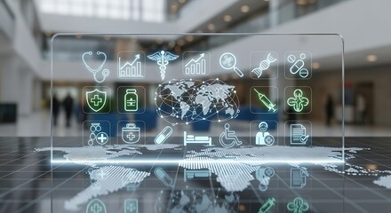 Futuristic healthcare technology interface with global medical icons.