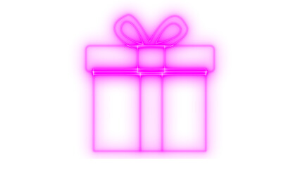 A vibrant neon glowing pink gift box icon featuring a playful outline design and modern digital aesthetic, ideal for game rewards or celebration graphics, set against a dark purple background.
