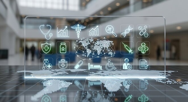 Futuristic healthcare technology interface with global medical icons.