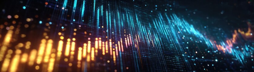 Cinematic market strength via metallic data visualization concept. Abstract digital sound waves in vibrant colors representing audio.