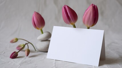 Pink Tulip Buds and Blank Card with Stacked Stones on Textured Fabric pink tulips greeting card