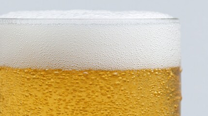 Closeup of cold beer in a glass: a layer of white foam, a layer of yellow beer. Condensation droplets on a mug. Refreshing cold beverage on a hot summer day
