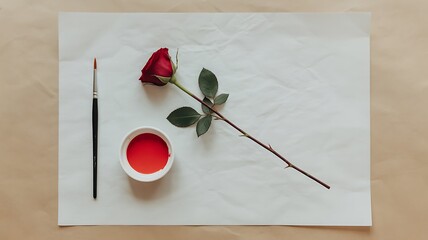 Red Rose, Paintbrush, and Red Paint on Crumpled Paper flower art brush