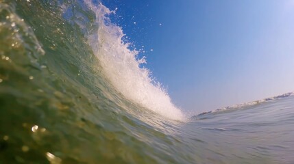 Surfing wave runs. Big summer wave with foam. Froth. Surf wave