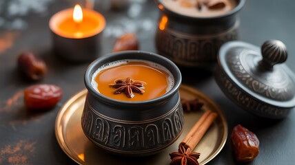 Spiced chai tea in a decorative bowl with dates and a lit candle masala chai Indian tea