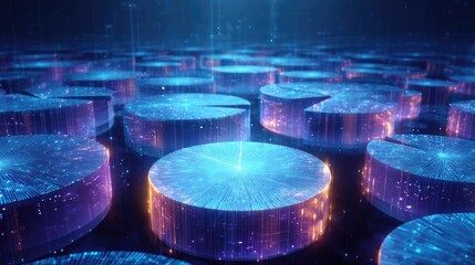 Cinematic market strength via metallic data visualization concept. A futuristic visualization of glowing data discs and patterns.