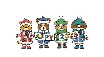 Charming cartoon dogs celebrating happy 2026 new year isolated on white background, adorable puppies with winter hats and scarves, a joyful and festive illustration