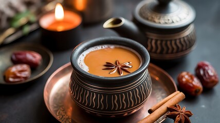Traditional Indian chai tea served with dates and star anise masala chai Indian tea