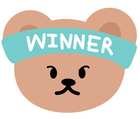 Cute illustration of teddy bear wearing WINNER headband for sport, exercise, diet, competition, animal decoration, cartoon, character, comic, mascot, patch, brooch, zoo, souvenir shop, shirt print