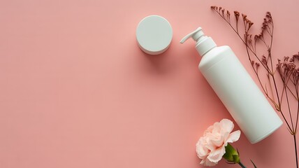 White cosmetic pump bottle and jar with dried flowers and pink carnation on pastel pink background beauty