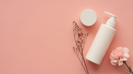 White cosmetic pump bottle and jar with dried plant and pink carnation on pastel pink background dispenser